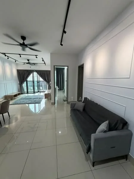 Living features: grey fabric sofa, area rug, marble tile flooring, white painted walls with panel moulding, recessed downlights, 5-blade ceiling fan, floor-to-ceiling windows, curtains, decorative wall lighting; style: modern; view: city. Hallway features: white painted walls, marble tile flooring, recessed downlights; style: modern.