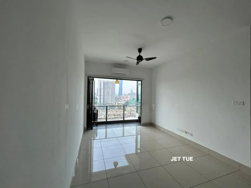 Living features: white painted walls, glossy ceramic tile flooring, 5-blade ceiling fan with light, floor-to-ceiling windows, sliding glass door, balcony access, air conditioning unit, natural light from windows; style: modern; view: city.