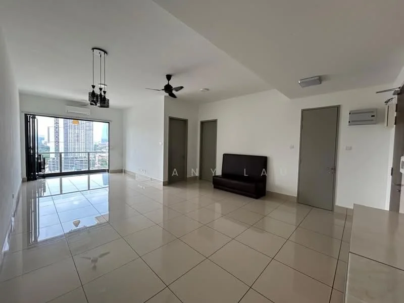 Living features: large floor-to-ceiling windows, sliding glass door, grey walls, white ceiling, 5-blade ceiling fan, recessed downlights, polished ceramic tile flooring, black sofa, air conditioning unit, open layout, city view, neutral decor; style: modern; view: city.