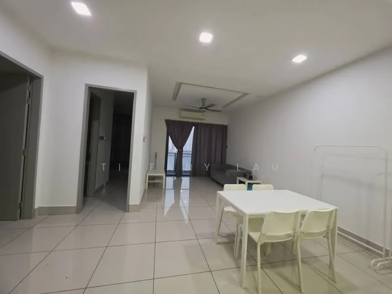 Living features: white painted walls, polished ceramic tile flooring, tray ceiling with recessed lighting, 5-blade ceiling fan, floor-to-ceiling windows, curtains, sofa, dining table with four chairs, air conditioning unit; style: modern; view: city. Room features: white painted walls, polished ceramic tile flooring, doorway leading to another room.