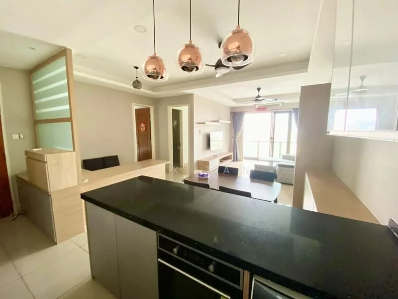 Living features: black granite countertop, stainless-steel built-in oven, stainless-steel range hood, 3 pendant lights, ceiling fan with light, wall-mounted TV, sofa, coffee table, dining table, floor-to-ceiling windows, sliding glass door, light-colored walls, tile flooring; style: modern; view: city. Kitchen features: black granite countertop, stainless-steel built-in oven, stainless-steel range hood, light-colored cabinetry, tile flooring; style: modern.