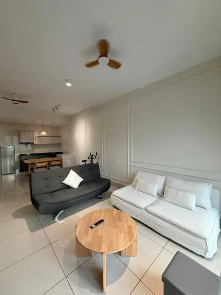 Living features: 5-blade ceiling fan, white painted walls, tile flooring, sofa bed in grey, 2-seater white fabric sofa, round wooden coffee table, wall-mounted TV, recessed lighting; style: modern.