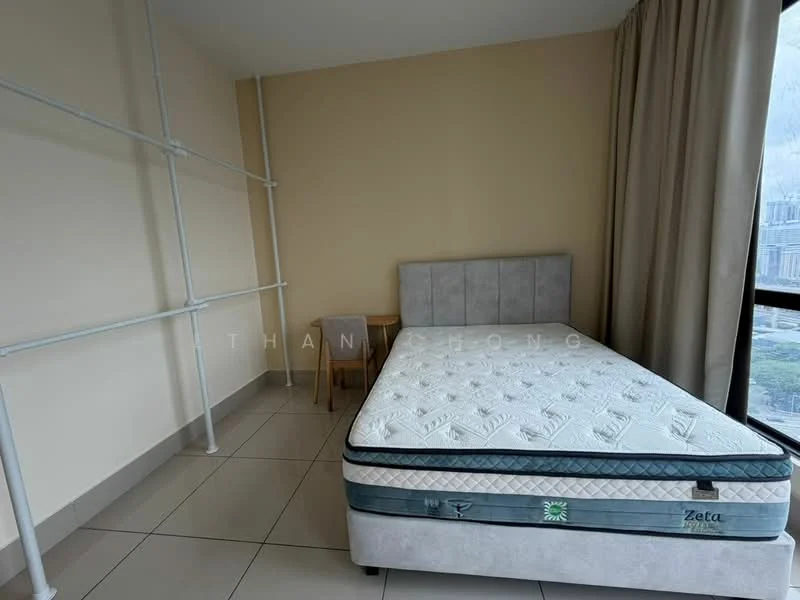 Bedroom features: queen-size bed, upholstered headboard, mattress on bed frame, side table, floor-to-ceiling window, curtains, tile flooring, neutral painted walls; style: modern.