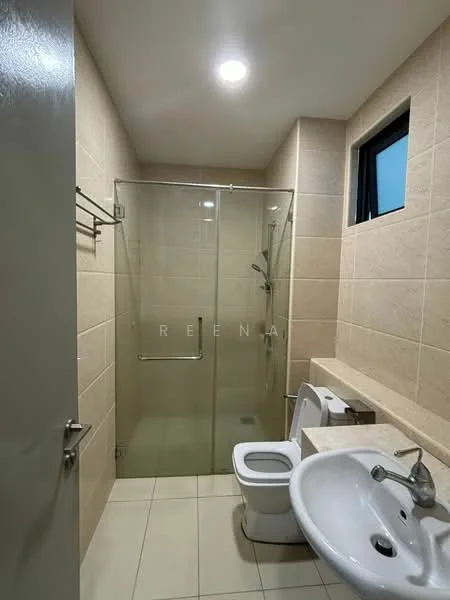 Bathroom features: glass shower enclosure, rain shower head, handheld shower, white ceramic toilet, single-sink vanity with stone countertop, chrome basin mixer, wall-mounted mirror, light fixture in ceiling, tile flooring, cream tiled walls, window for natural light; style: modern.