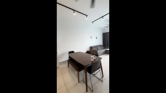Living features: white painted walls, tile flooring, 5-blade ceiling fan with light, sofa in grey, dining table with 4 chairs, recessed lighting, decorative wall art, curtains, open layout; style: modern.