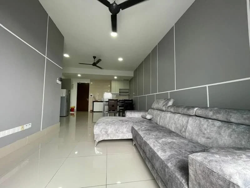 Living features: grey painted walls, polished ceramic tile flooring, 5-blade ceiling fan with light, L-shape sectional sofa in grey, recessed downlights, open layout to kitchen, dining area visible in background, wall-mounted TV, decorative wall panels; style: modern.