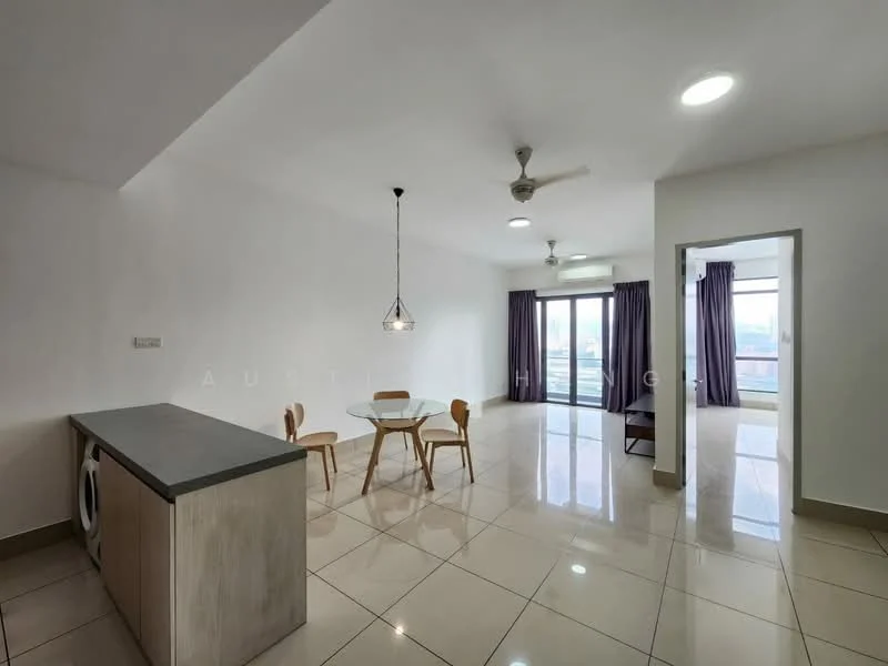 Living features: white painted walls, glossy ceramic tile flooring, ceiling with recessed downlights, 5-blade ceiling fan, pendant light fixture, floor-to-ceiling windows, sliding glass door, curtains, dining table with four chairs, washing machine, TV console; style: modern; view: city.