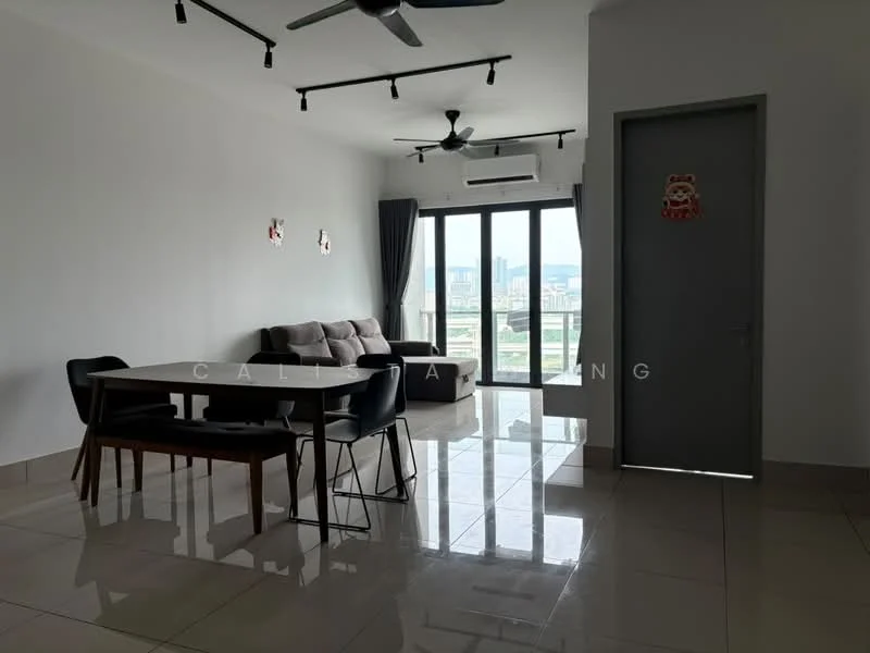 Living features: grey fabric sofa, 4-seater dining table, black dining chairs, floor-to-ceiling windows, city skyline view, recessed downlights, ceiling fan, air conditioning unit, light-coloured walls, glossy tile flooring; style: modern; view: city.