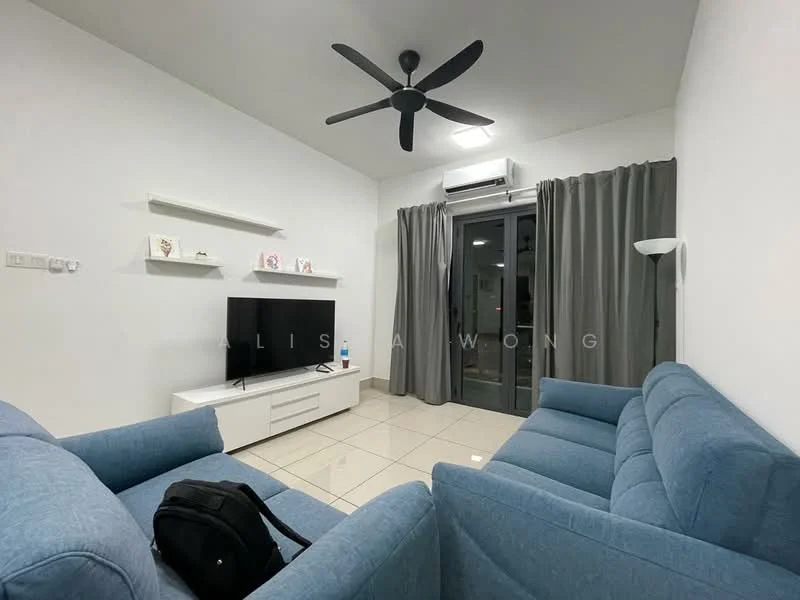 Living features: 2-seater fabric sofa in blue, 3-seater fabric sofa in blue, white TV console, wall-mounted TV, floor lamp, ceiling fan with light, sliding glass door, grey curtains, tile flooring, white painted walls, shelves on wall, air conditioning unit; style: modern.