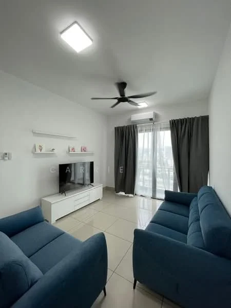 Living features: 2-seater fabric sofa in blue, 3-seater fabric sofa in blue, white TV console, wall-mounted TV, ceiling fan with light, recessed ceiling lights, floor-to-ceiling windows, sheer curtains, grey blackout curtains, glossy tile flooring, white painted walls; style: modern; view: city.