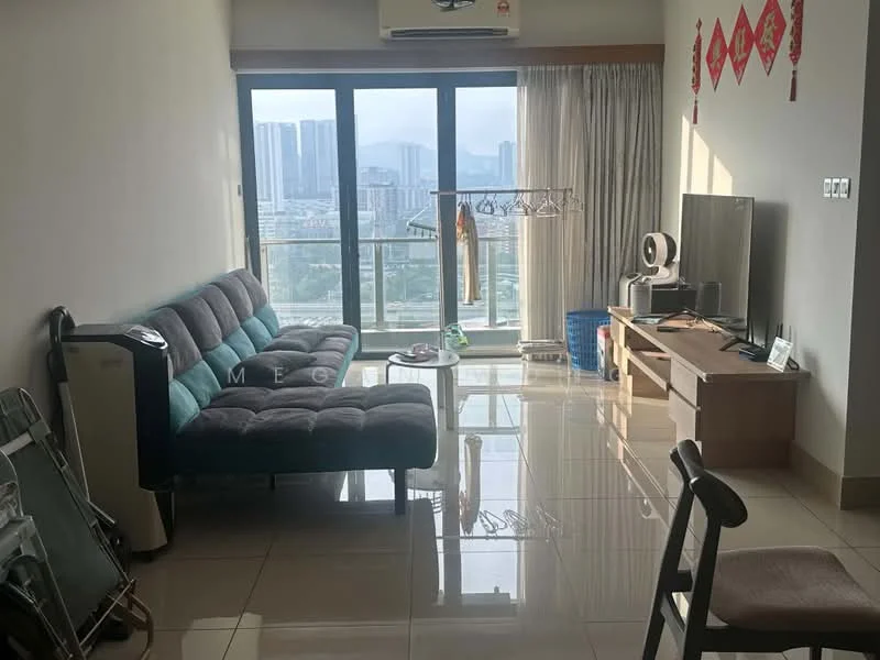 Living features: grey fabric sofa, coffee table, wall-mounted TV, TV console, floor-to-ceiling windows, curtains, glossy tile flooring, air conditioning unit, decorative wall hangings, clothes drying rack, city skyline view; style: modern; view: city.