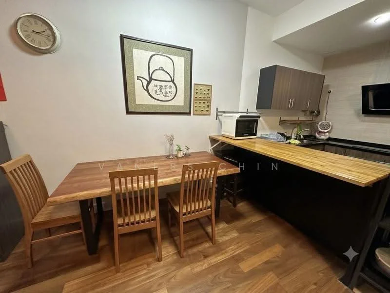 Kitchen features: wooden dining table, 4 wooden dining chairs, black countertop, wooden countertop, microwave, built-in oven, stainless-steel sink, kitchen cabinetry in dark wood, wall clock, decorative wall art, wooden flooring; style: modern.