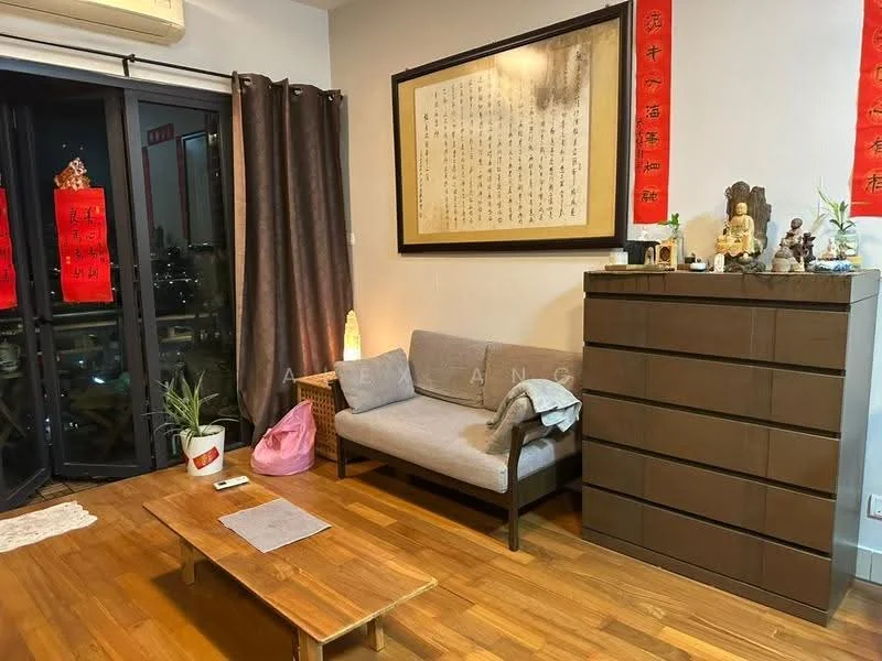 Living features: grey fabric 2-seater sofa, wooden coffee table, wooden flooring, floor-to-ceiling windows, blackout curtains, decorative wall art, decorative statue, potted plants, chest of drawers, wall-mounted air conditioning unit; style: modern; view: city.