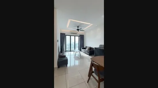 Living features: 5-blade ceiling fan with integrated LED light, sofa in grey fabric, 2-seater leather sofa, coffee table, wall-mounted TV, TV console, area rug, floor-to-ceiling windows with sheer curtains, white painted walls, polished tile flooring, recessed lighting, dining table with wooden chairs; style: modern; view: city.