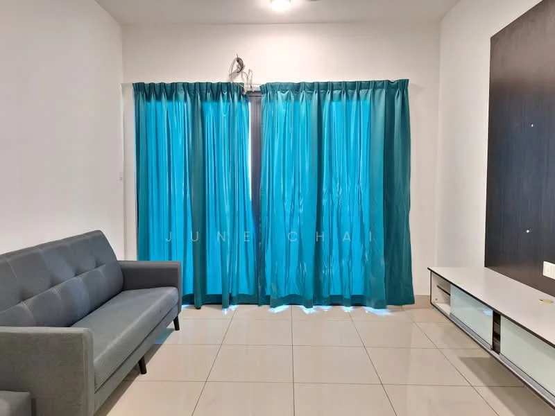 Living features: grey fabric sofa, floor-to-ceiling windows, turquoise sheer curtains, white tiled flooring, wall-mounted TV console, dark wood feature wall, recessed ceiling lights; style: modern.