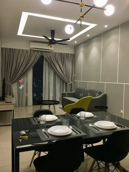 Dining features: black dining table, 4 black dining chairs, white dinner plates, cutlery on table, decorative items on table, pendant light fixture, recessed ceiling lights, wall-mounted TV, floor-to-ceiling windows with sheer curtains, grey accent wall, cream painted walls, sofa in grey fabric, green accent chair, wall-mounted air conditioning unit, ceiling fan with light; style: modern; view: city.