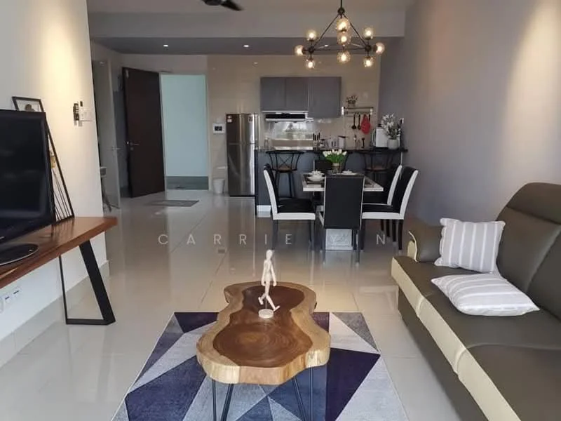 Living features: 3-seater leather sofa in dark brown, wooden coffee table with unique shape, TV console, wall-mounted TV, pendant light fixture, recessed downlights, floor-to-ceiling windows, cream painted walls, tile flooring, decorative sculpture on coffee table, dining area visible in background, open-plan layout; style: modern. Dining features: 4-seater dining table, black dining chairs, kitchen visible in background, decorative plants on table; style: modern. Kitchen features: stainless-steel fridge, built-in oven, freestanding range oven, white cabinetry, black countertop, tile backsplash, open shelving, kitchen island, recessed downlights; style: modern.