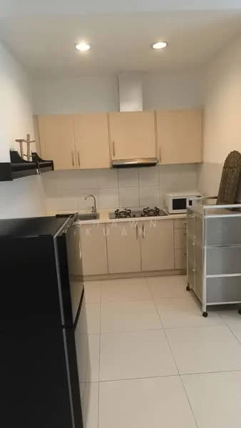 Kitchen features: light beige cabinetry, black refrigerator, stainless-steel gas stove with two burners, built-in microwave, white tiled backsplash, white countertop, stainless-steel sink, overhead cabinets, tile flooring, recessed ceiling lights; style: modern.