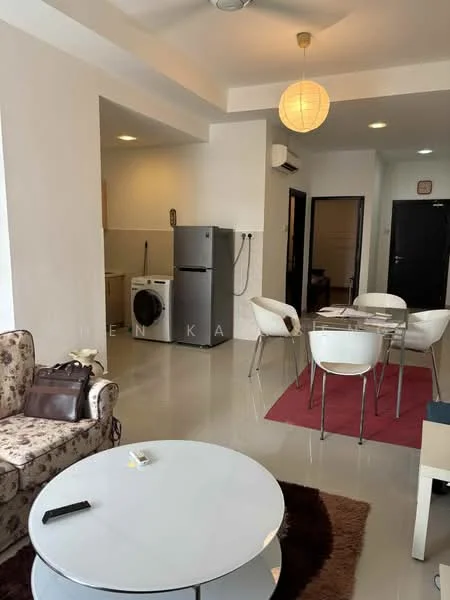 Living features: 3-seater fabric sofa in beige, coffee table, area rug with geometric pattern, floor-to-ceiling windows, ceiling fan, wall-mounted split AC, decorative lamp, wall clock; style: modern. Dining features: 6-seater dining table, upholstered dining chairs, pendant lamp, open shelving, white walls; style: modern. Kitchen features: stainless-steel fridge, front-load washing machine, white cabinetry, ceramic tile flooring, countertop, sink, kitchen appliances; style: modern.