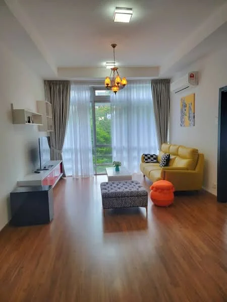 Living features: yellow leather sofa, black and white patterned throw pillow, orange pouf, glass coffee table, TV console with red accents, wall-mounted TV, floor-to-ceiling windows, sheer curtains, wooden flooring, chandelier with multiple bulbs, wall-mounted air conditioning unit; style: modern; view: garden.