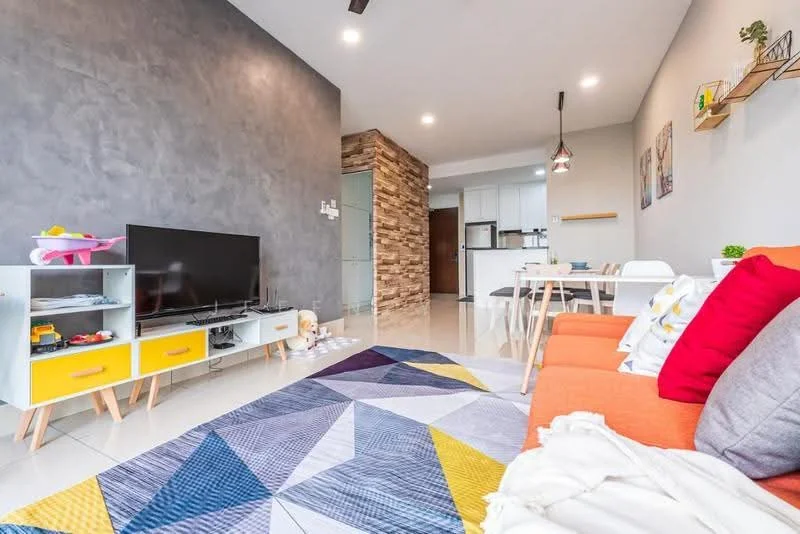 Living features: grey accent wall, feature stone wall, white walls, ceramic tile flooring, 3-seater orange fabric sofa, colorful patterned area rug, TV console with storage, wall-mounted TV, dining table with white chairs, shelving unit on wall, decorative wall art, recessed downlights, ceiling fan; style: modern.
