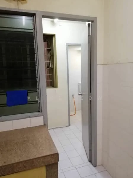 Kitchen features: granite countertop, white tiled backsplash, white tiled flooring, built-in cabinetry, window with metal grille, door leading to utility area, light fixture, sink area. Utility features: white tiled flooring, light fixture, water heater, door leading to kitchen.