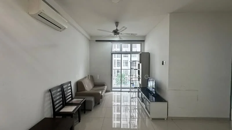 Living features: white painted walls, glossy tile flooring, 5-blade ceiling fan with light, wall-mounted TV, sofa in beige, 2 wooden chairs, glass shelving unit, large floor-to-ceiling windows, air conditioning unit; style: modern; view: garden.