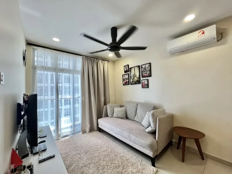 Living features: 3-seater fabric sofa in light beige, ceiling fan with 5 blades, wall-mounted TV, TV console, light-coloured area rug, floor-to-ceiling windows, sheer curtains, air conditioning unit, decorative wall art, wooden side table; style: modern; view: city.