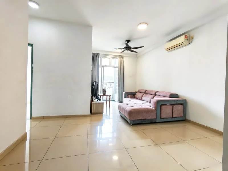 Living features: 3-seater fabric sofa in pink, coffee table, floor-to-ceiling windows, sliding glass door, curtains, ceiling fan, wall-mounted split AC, light-colored walls, glossy tile flooring, recessed downlights; style: modern.