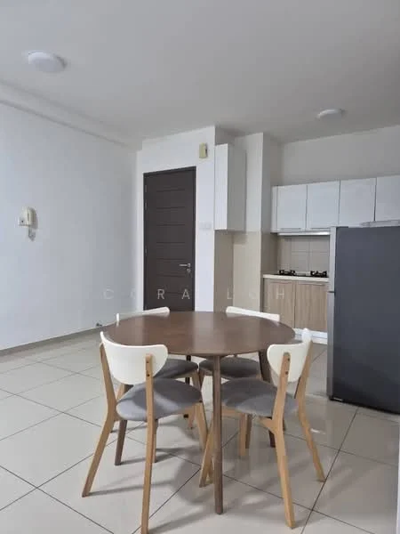 Dining features: round wooden dining table, 4 upholstered dining chairs in grey, white painted walls, cream tiled flooring, kitchen cabinetry with wood finish, stainless-steel fridge, built-in gas hob, exhaust hood, wall-mounted light fixtures, door leading to another room; style: modern.