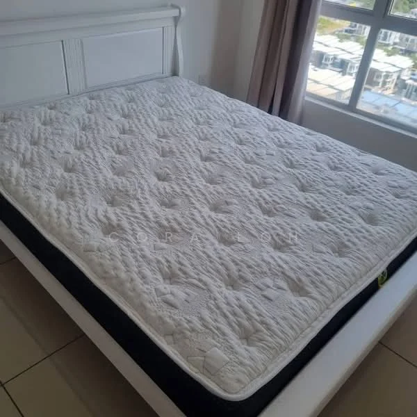 Bedroom features: queen-size bed, white mattress with quilted cover, white bed frame, floor-to-ceiling windows, curtains, tile flooring.