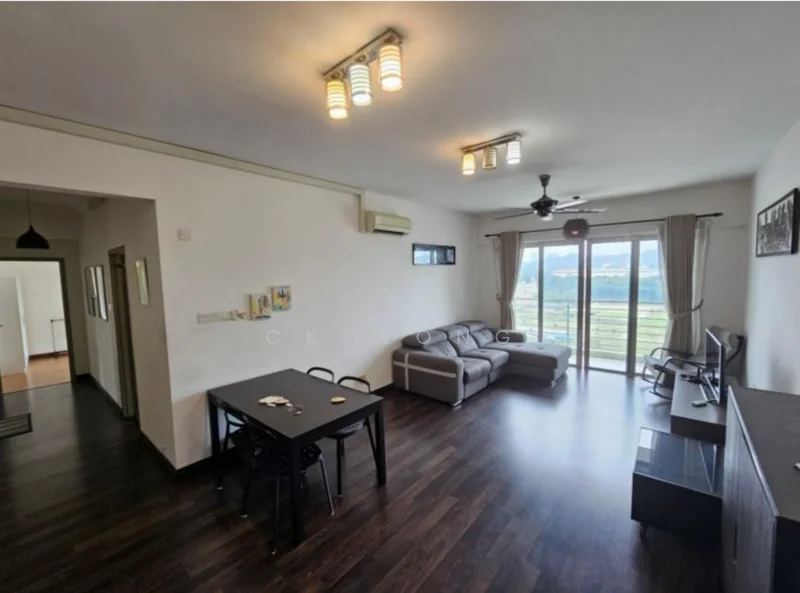 Living features: 3-seater grey fabric sofa, black coffee table, TV console, wall-mounted TV, ceiling fan with light, recessed LED downlights, floor-to-ceiling sliding glass door, curtains, dark wood flooring, air conditioning unit; style: modern; view: garden. Room features: dining area, open layout, wall-mounted artwork.