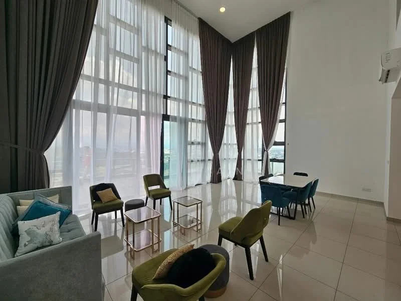 Living features: floor-to-ceiling windows, sheer curtains, grey tiled flooring, high ceiling, 2 green upholstered armchairs, 2 black upholstered chairs, 2 glass coffee tables, sofa with decorative cushions, recessed downlights, wall-mounted air conditioning unit; style: modern; view: city.