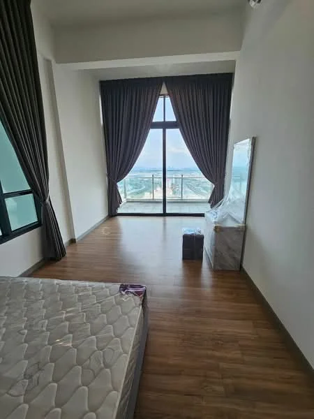 Bedroom features: large floor-to-ceiling window, grey curtains, wooden flooring, unmade bed with mattress, marble dresser, city view, neutral painted walls, minimalist decor; style: modern; view: city.