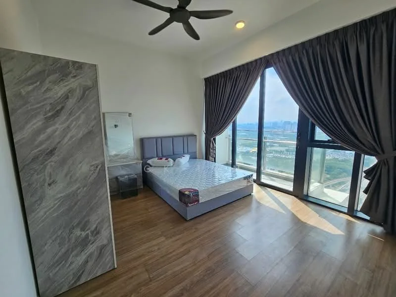 Bedroom features: queen-size bed, upholstered headboard, wooden flooring, floor-to-ceiling windows, blackout curtains, ceiling fan, built-in wardrobe with marble finish, decorative mirror; style: modern; view: city.