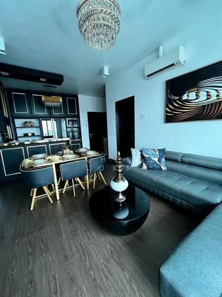 Living features: grey fabric sectional sofa, black round coffee table, chandelier, wooden flooring, wall-mounted split AC, decorative wall art, throw pillows with patterns, dining area with wooden dining table, four wooden dining chairs; style: modern.