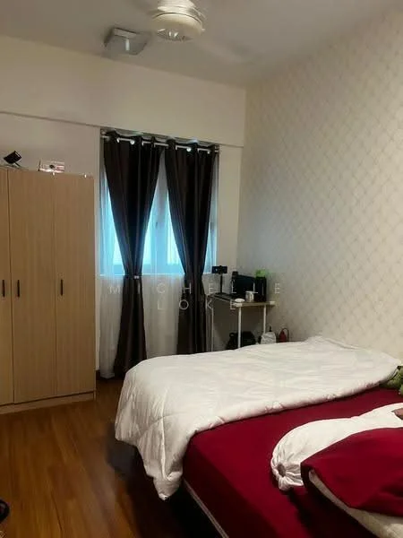 Bedroom features: queen-size bed with white bedding, brown upholstered headboard, wooden flooring, cream wallpaper with geometric pattern, floor-to-ceiling window with sheer curtains, brown curtains, built-in wardrobe with sliding doors, nightstand with lamp, ceiling fan with light; style: modern.