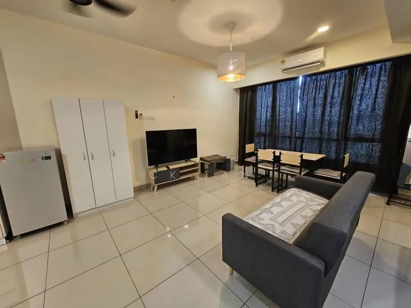 Living features: grey fabric sofa, coffee table, wall-mounted TV, TV console, dining table with 4 chairs, white cabinet, refrigerator, ceiling fan, large window with black curtains, white tiled flooring, air conditioning unit; style: modern.