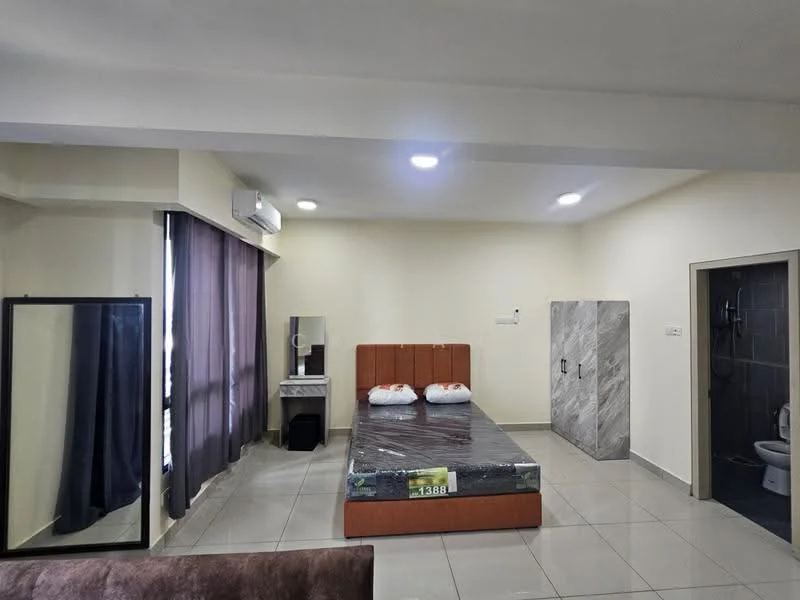 Bedroom features: queen-size bed with mattress, upholstered headboard, 2 bedside tables, full-length mirror, desk with chair, wall-mounted mirror, built-in wardrobe, grey tiled flooring, recessed LED downlights, air conditioning unit, curtains, en-suite bathroom door; style: modern.