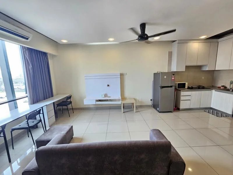 Living features: 3-seater fabric sofa in grey, coffee table, wall-mounted TV, dining table for 4 with black chairs, kitchenette with built-in cabinets, stainless-steel fridge, built-in oven, ceramic tile flooring, white painted walls, ceiling fan, floor-to-ceiling windows with city view, curtains; style: modern; view: city.