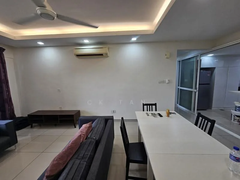 Living features: grey fabric sofa, black dining chairs, white dining table, ceiling fan, recessed lighting, wall-mounted air conditioning unit, cream painted walls, tile flooring, large glass sliding door, curtains in dark purple, coffee table, decorative items on table; style: modern.