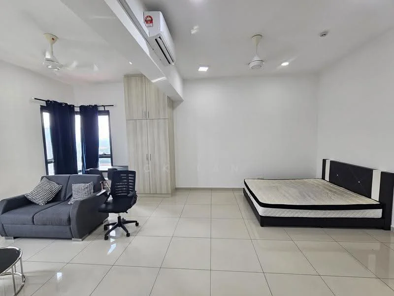 Room features: white painted walls, glossy tile flooring, 2 ceiling fans, 1 wall-mounted split AC, large windows with black curtains, grey fabric sofa, black office chair, queen-size bed, mattress on bed frame, built-in wardrobe with sliding doors, small round table; style: modern; view: city.