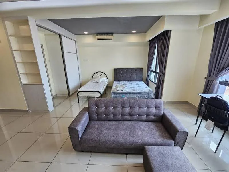 Room features: grey fabric sofa, single bed frame without mattress, double bed frame without mattress, floor-to-ceiling windows, curtains, built-in shelving unit, wall-mounted air conditioning unit, glossy tile flooring, study desk with chair, neutral painted walls; style: modern.
