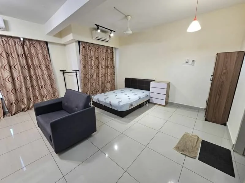 Bedroom features: queen-size bed, upholstered headboard, grey fabric sofa, white bedside table, wooden wardrobe, floor-to-ceiling windows, sheer curtains, tile flooring, recessed downlights, ceiling fan; style: modern.