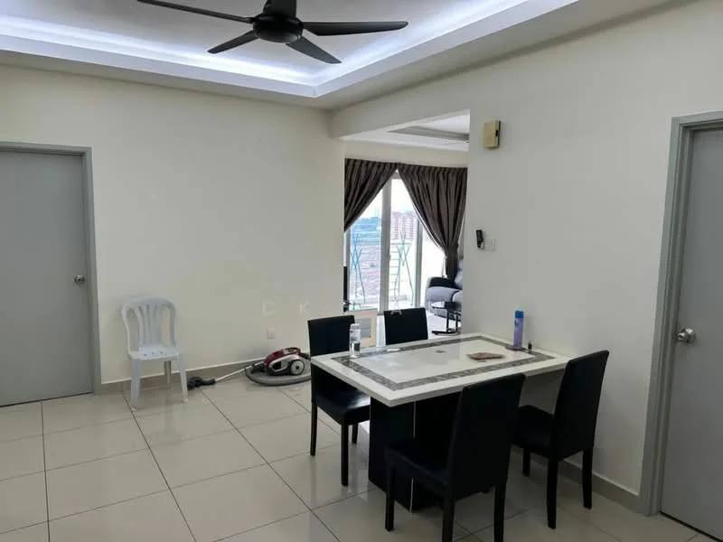 Dining features: white painted walls, tile flooring, 5-blade ceiling fan, dining table with marble top, 4 black upholstered dining chairs, window with city view, curtains, vacuum cleaner visible; style: modern; view: city. Room features: white painted walls, tile flooring, door to hallway, door to unknown room.