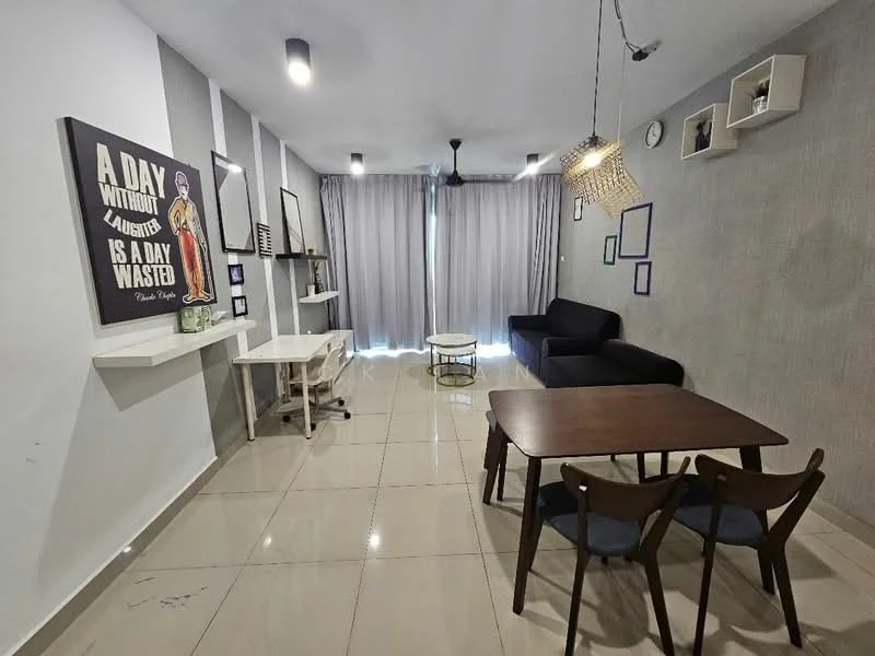 Living features: grey accent wall, white painted walls, glossy tile flooring, 5-blade ceiling fan with light, sofa in dark color, wooden dining table, 4 dining chairs, desk with chair, wall-mounted clock, decorative wall shelves, curtains, framed artwork; style: modern.