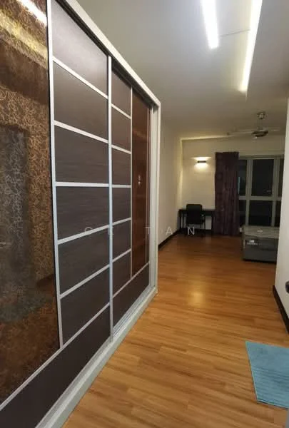 Room features: laminate wood flooring, white painted walls, ceiling with recessed lighting, 5-blade ceiling fan, sliding wardrobe with wood finish, window with sheer curtains, decorative wall panel, corner study desk, sofa, area rug; style: modern.