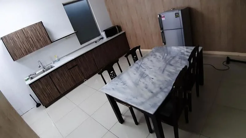 Kitchen features: marble countertop, wood cabinetry with dark finish, single-bowl stainless-steel sink, chrome pull-down faucet, built-in microwave, stainless-steel fridge, ceramic tile flooring, white walls, window with grey frame, 6-seater dining table with marble top, black wooden dining chairs; style: modern.