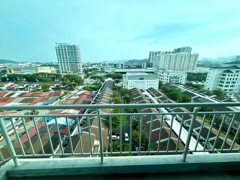 Exterior type: high-rise condominium; features: city skyline view, surrounded by low-rise buildings, balcony railing, urban landscape, visible rooftops of houses, greenery in the vicinity; style: modern.