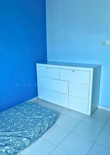 Bedroom features: blue painted walls, white dresser with multiple drawers, white tiled flooring, floor mattress, natural light from window, minimalist decor; style: minimalist.